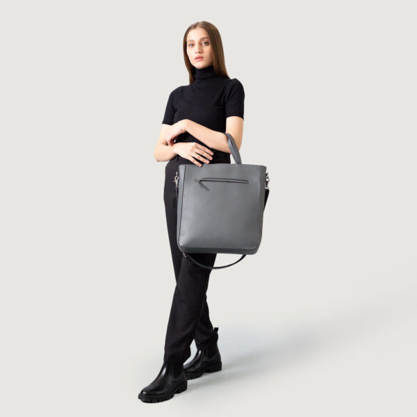 The Poet Grey Leather Tote Bag - Image 9