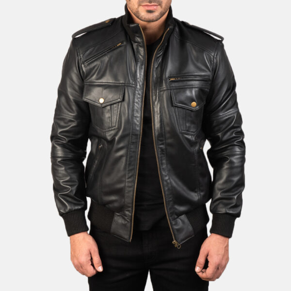 Agent Shadow Black Leather Bomber Jacket - Image 2