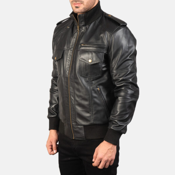 Agent Shadow Black Leather Bomber Jacket - Image 3