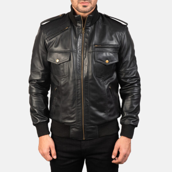 Agent Shadow Black Leather Bomber Jacket - Image 5