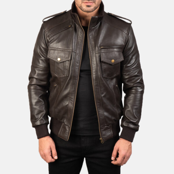 Agent Shadow Brown Leather Bomber Jacket - Image 2