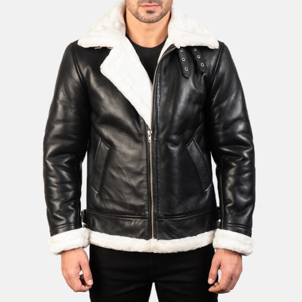 Francis B-3 Black & White Leather Bomber Jacket - Image 4