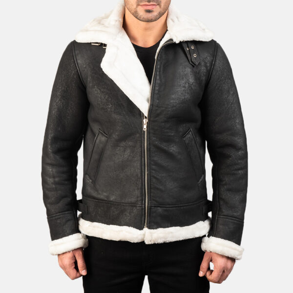 Francis B-3 Distressed Black Leather Bomber Jacket - Image 3