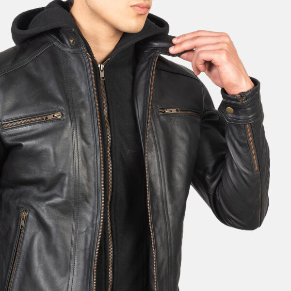 Hector Black Hooded Leather Biker Jacket - Image 3