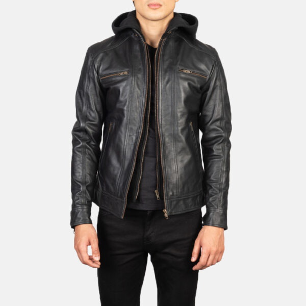 Hector Black Hooded Leather Biker Jacket - Image 2