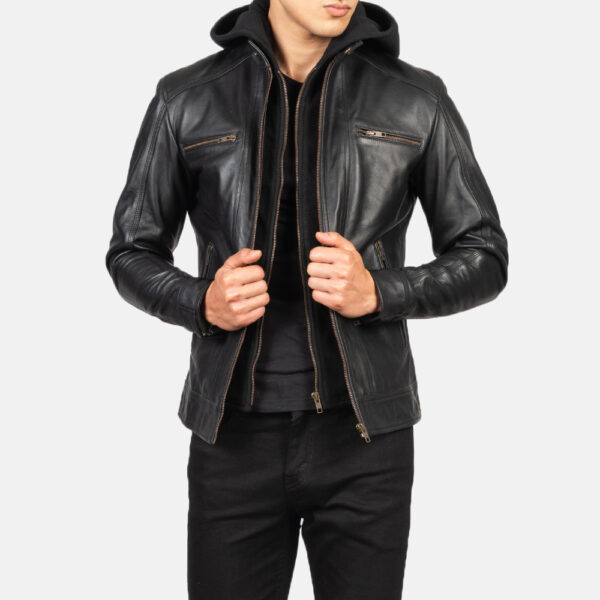 Hector Black Hooded Leather Biker Jacket - Image 4