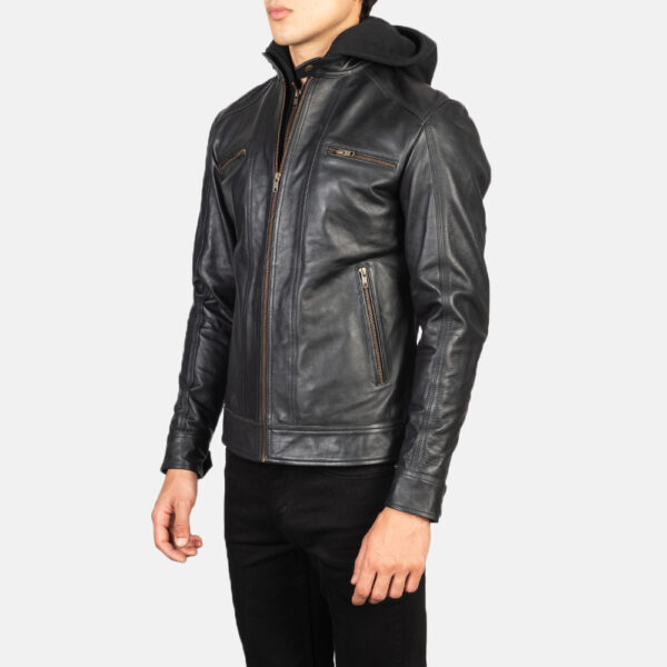 Hector Black Hooded Leather Biker Jacket - Image 5