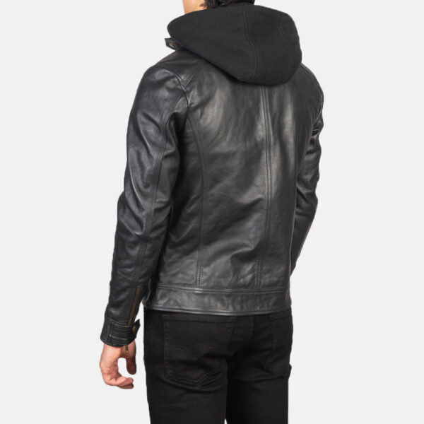 Hector Black Hooded Leather Biker Jacket - Image 6