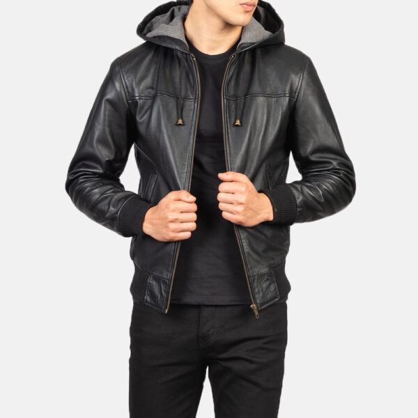 Nintenzo Black Hooded Leather Bomber Jacket - Image 6