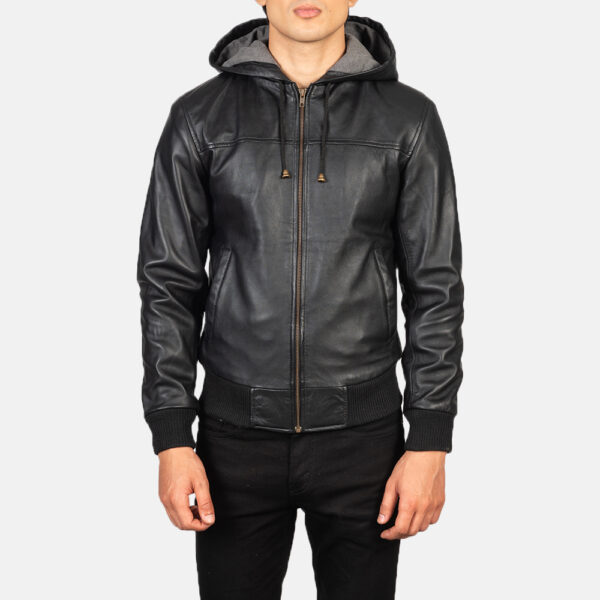 Nintenzo Black Hooded Leather Bomber Jacket - Image 2