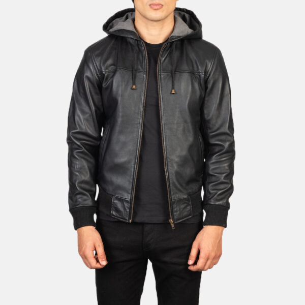 Nintenzo Black Hooded Leather Bomber Jacket - Image 3