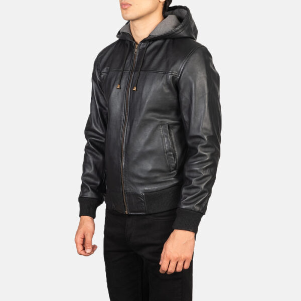 Nintenzo Black Hooded Leather Bomber Jacket - Image 4