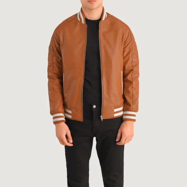 Pascal Tan Brown Leather Varsity Jacket - Image 3