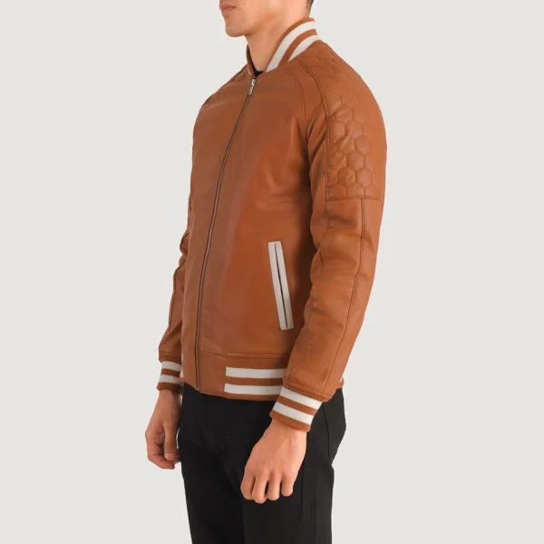 Pascal Tan Brown Leather Varsity Jacket - Image 4