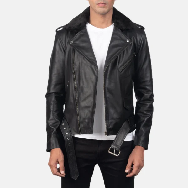 Furton Black Leather Biker Jacket - Image 2