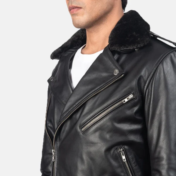 Furton Black Leather Biker Jacket - Image 5