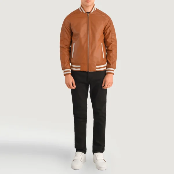 Pascal Tan Brown Leather Varsity Jacket - Image 6