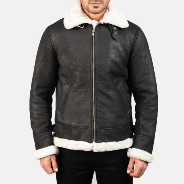 Francis B-3 Distressed Black Leather Bomber Jacket - Image 6