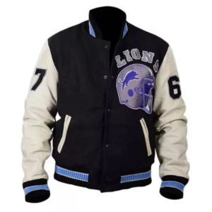 Blue and white varsity jacket