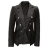 Double Breasted Black Leather Blazer for women