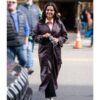 Selena Gomez Maroon Leather Coat