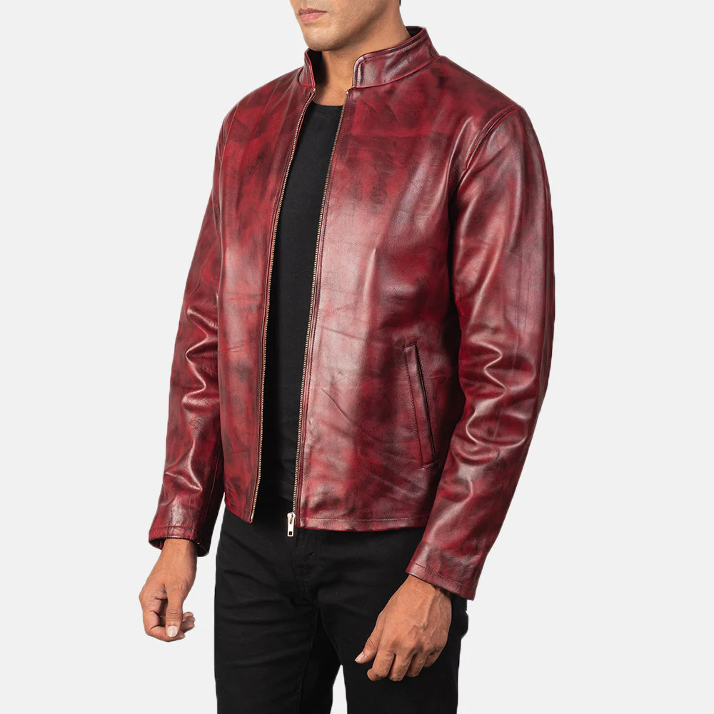 Distressed Burgundy Leather Jacket for Men 02