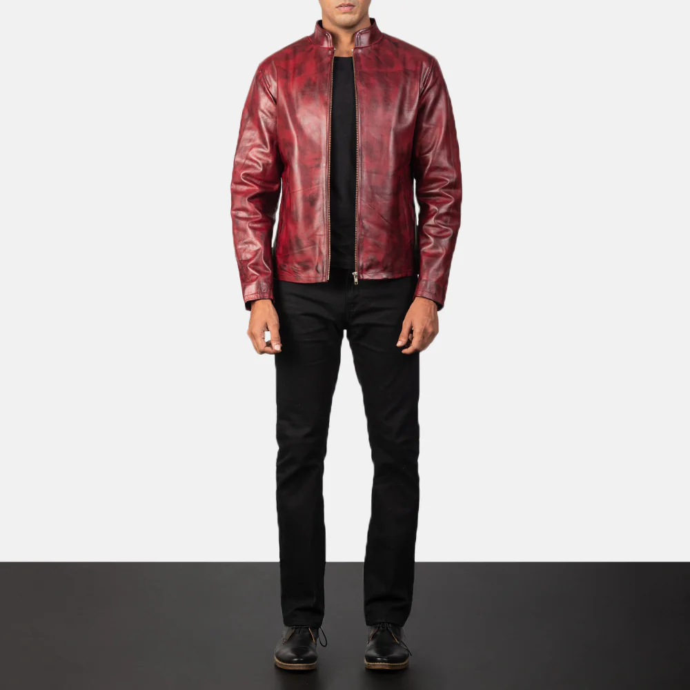 Distressed Burgundy Leather Jacket for Men 03