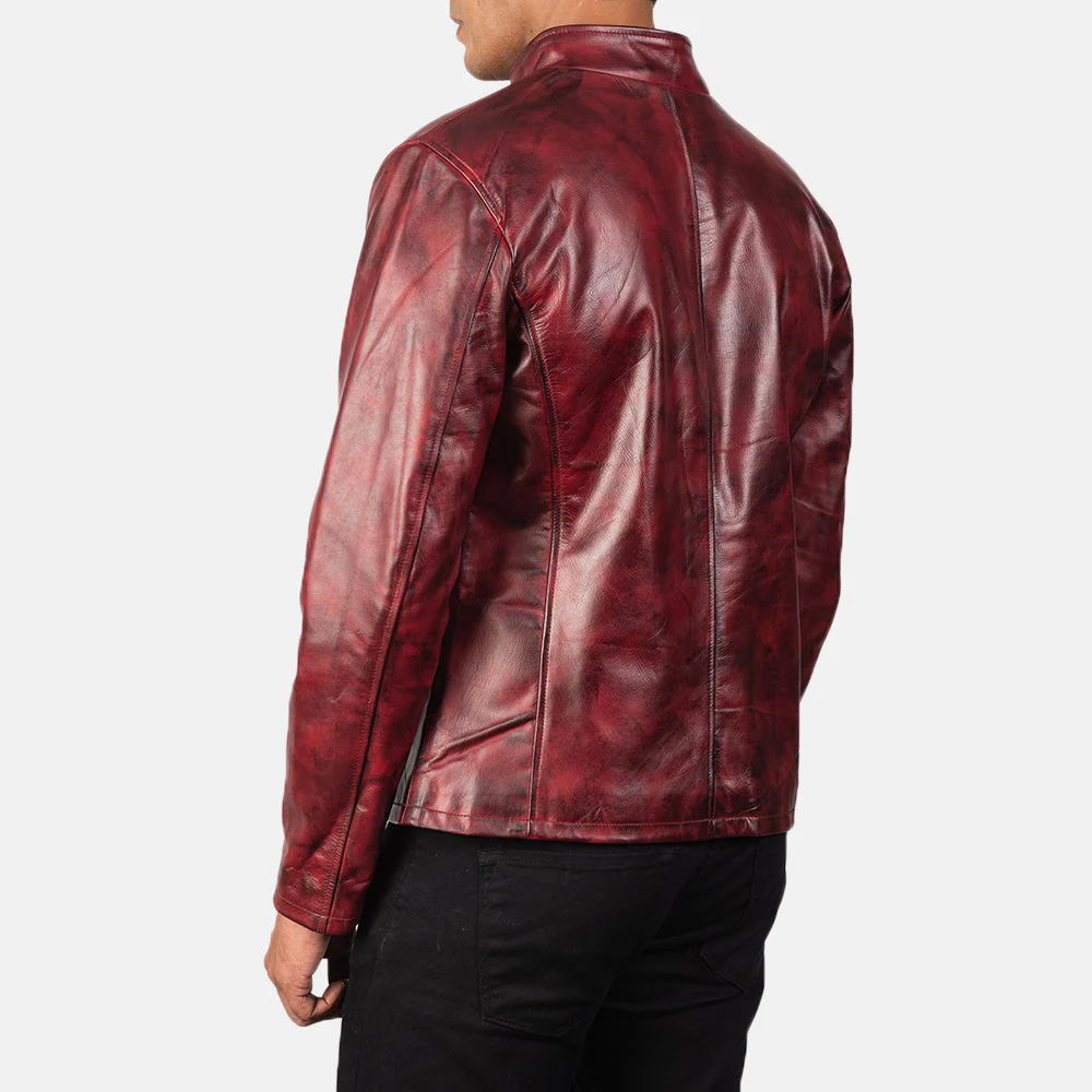 Distressed Burgundy Leather Jacket for Men 04