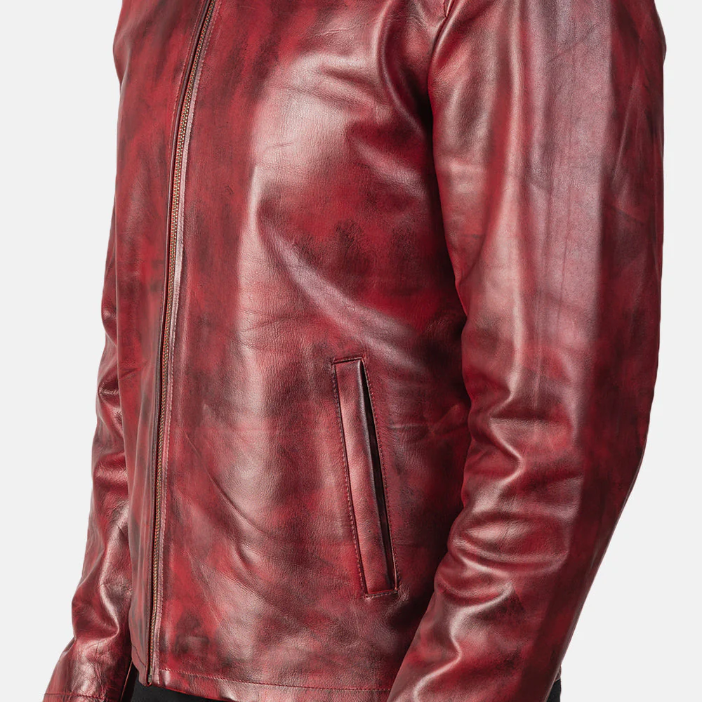Distressed Burgundy Leather Jacket for Men 05