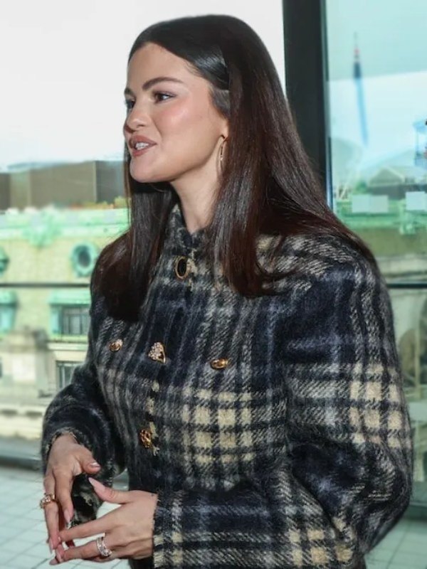 Selena Gomez Plaid Coat From Netflix Awards 03