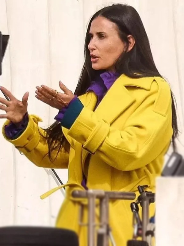 The Substance 2024 Elisabeth Sparkle Yellow Coat 02