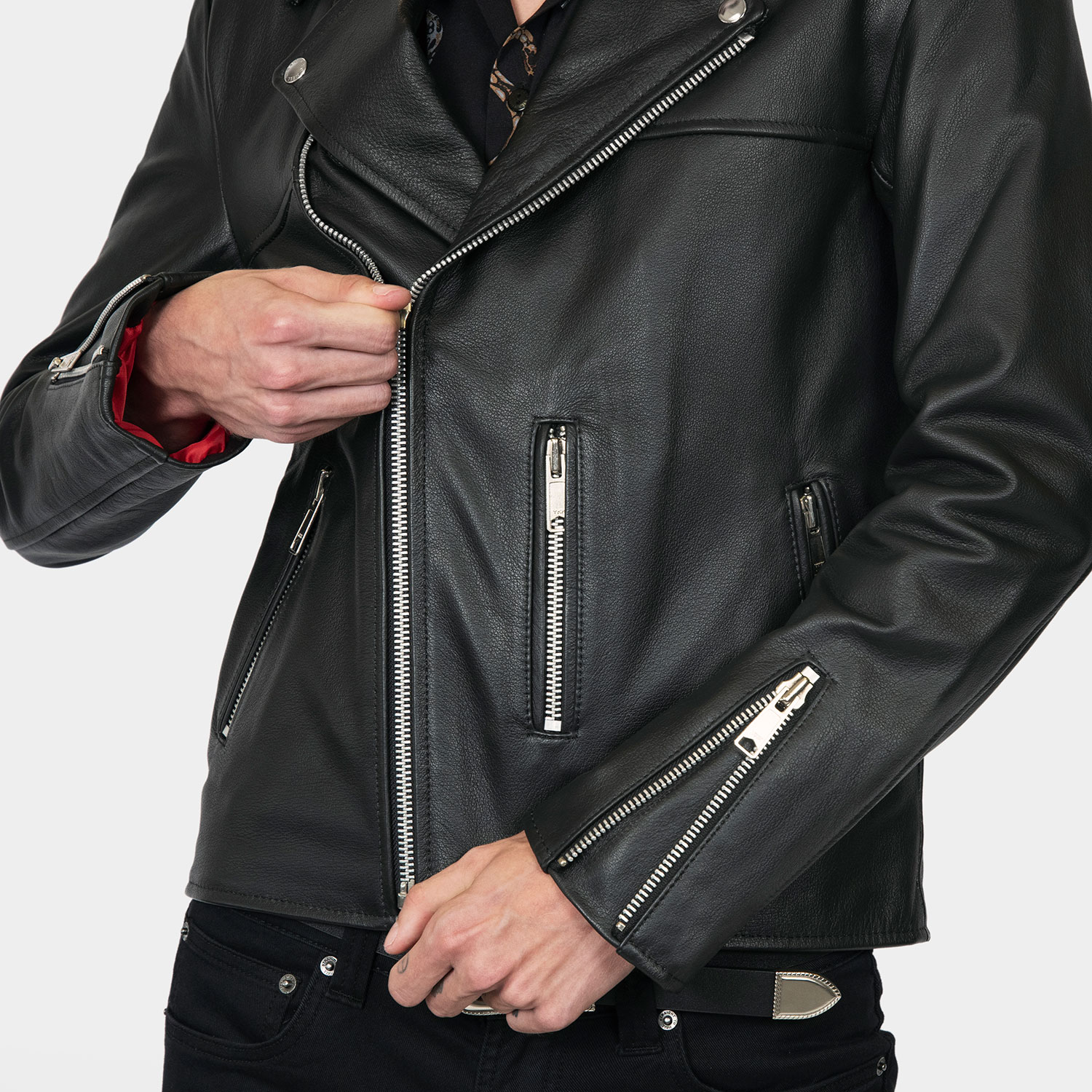 Black Leather Jacket With Red Lining For Men And Women 03