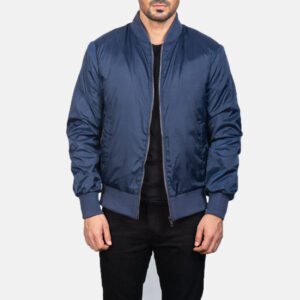 Blue Leather Bomber Jacket For Men 01