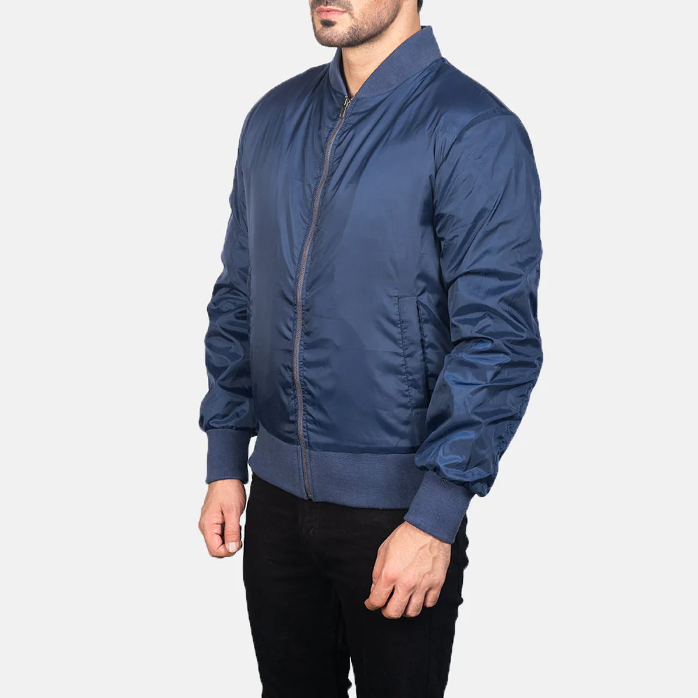 Blue Leather Bomber Jacket For Men 02