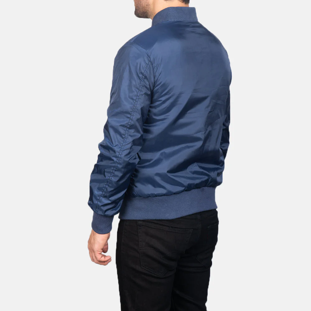 Blue Leather Bomber Jacket For Men 03