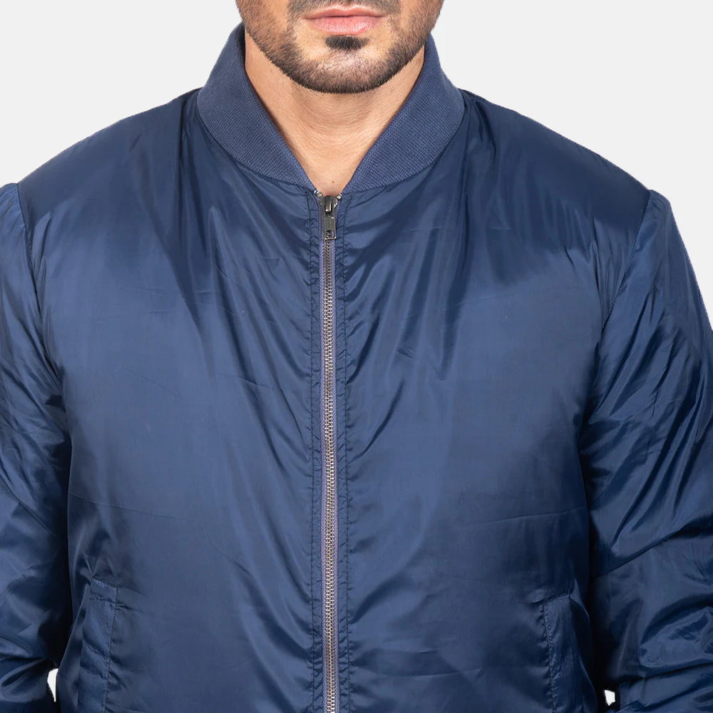 Blue Leather Bomber Jacket For Men 04