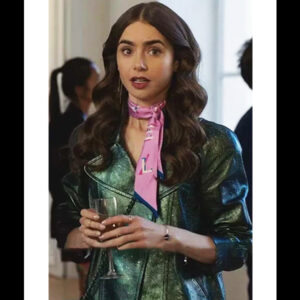 Emily In Paris Emily Cooper Green Metallic Moto Jacket 01