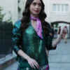 Emily In Paris Emily Cooper Green Metallic Moto Jacket 02