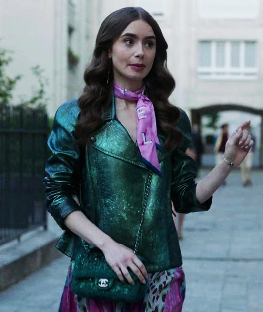 Emily In Paris Emily Cooper Green Metallic Moto Jacket 02