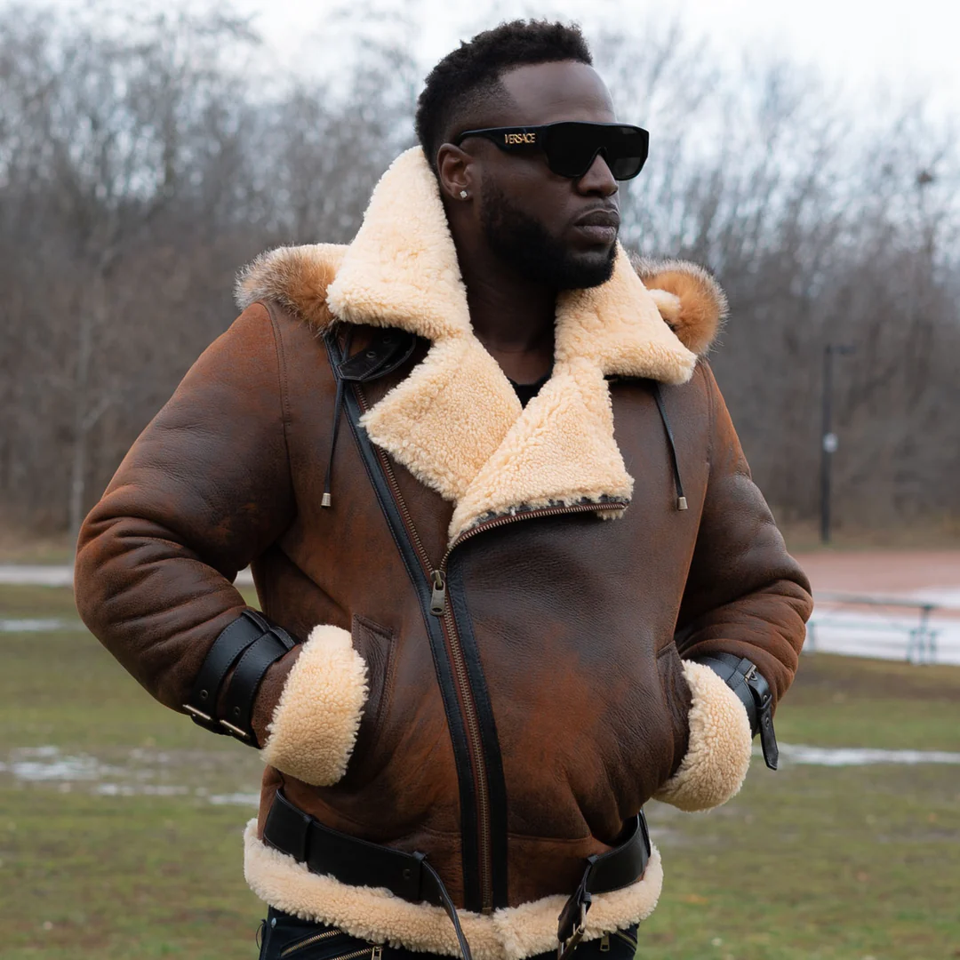 Premium Mens Distressed Leather Shearling Jacket 02