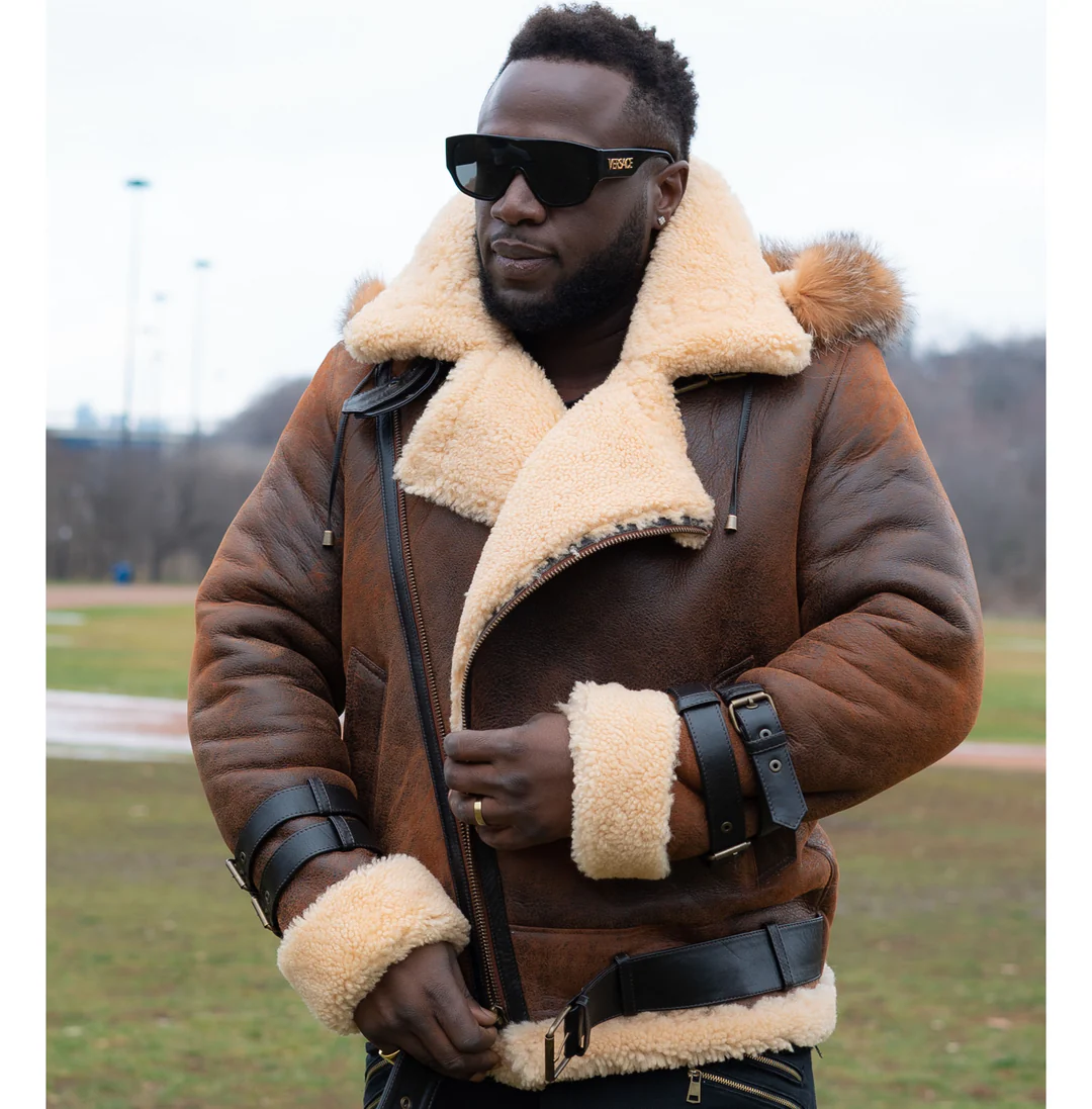 Premium Mens Distressed Leather Shearling Jacket 05