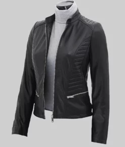 Selena Gomez Black Leather Biker Jacket 02