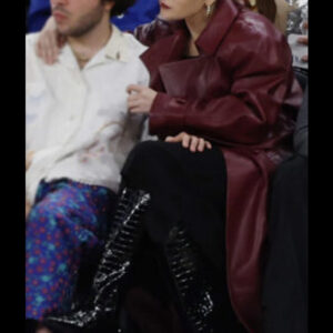 Selena Gomez Maroon Leather Trench Coat 01