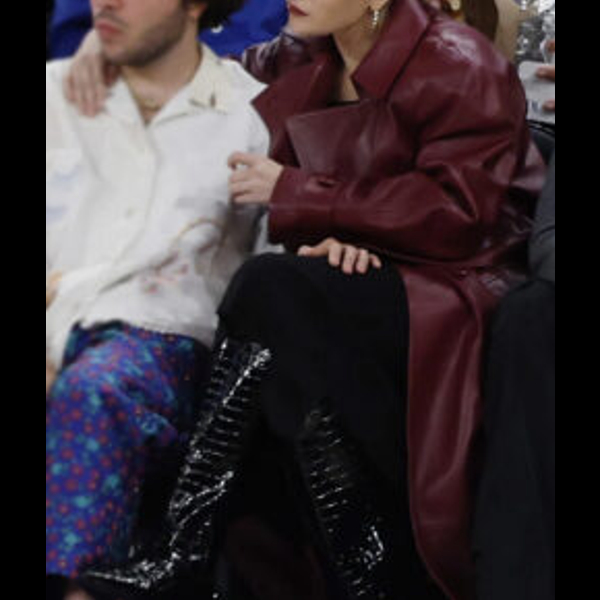 Selena Gomez Maroon Leather Trench Coat 01