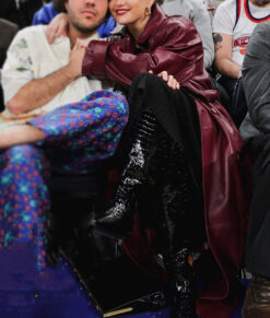 Selena Gomez Maroon Leather Trench Coat 02