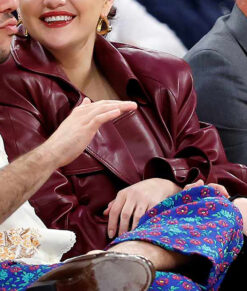 Selena Gomez Maroon Leather Trench Coat 03