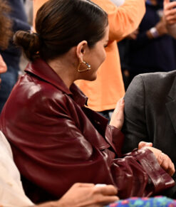 Selena Gomez Maroon Leather Trench Coat 04