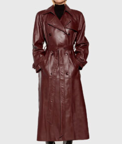Selena Gomez Maroon Leather Trench Coat 05