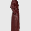 Selena Gomez Maroon Leather Trench Coat 06