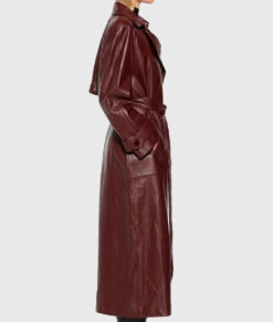 Selena Gomez Maroon Leather Trench Coat 06
